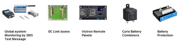 victron global monitoring system GSM, dc link box, Victron remote panels, Cyrix Battery combiner, Battery protection